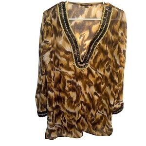 Adrienne Vittadini Sheer Tunic Top Brown Geo